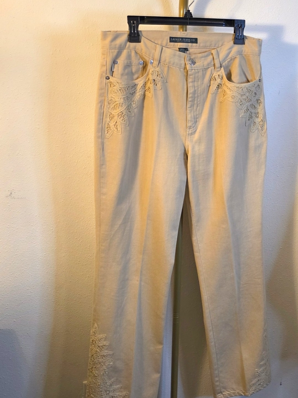 Ralph Lauren Cream Straight-Leg Jeans with Lace Embroidery
